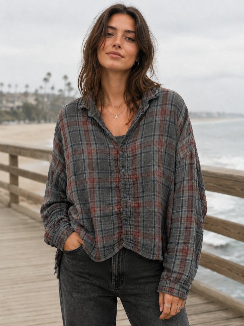 CP Shades Romy PlaidButton Down Shirt Gray Red Cotton Gauze Oversized